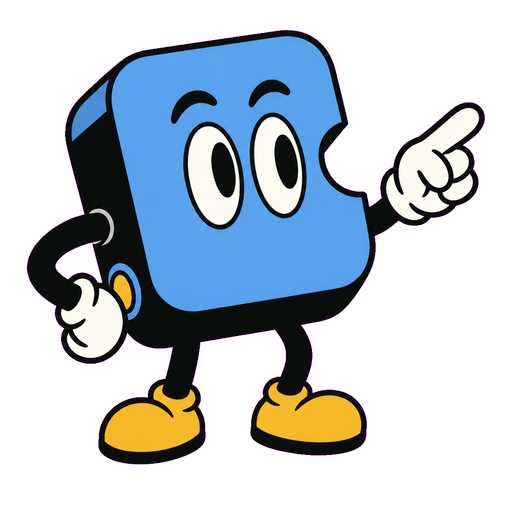 The Calugaru Labs command-key mascot pointing forward