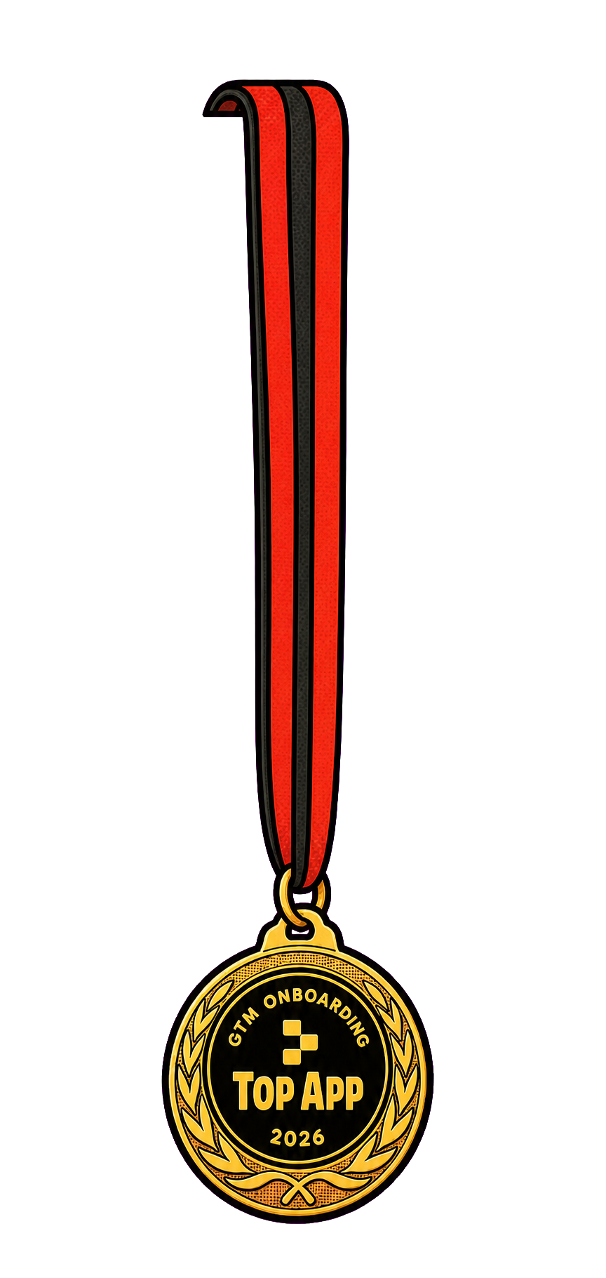 Gold Top App medal hanging from its red and black ribbon